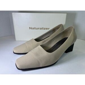 Naturalizer Women's 8M Joy Alabaster Beige Leather Fabric Block Pump Shoes
